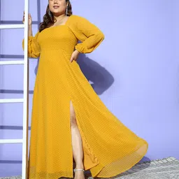 Berrylush Curve Women Mustard Yellow Georgette Puff Sleeves Maxi Dress with Side Slit-picture-26