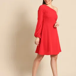 DODO & MOA Red Solid One Shoulder Crepe A-Line Dress image 3
