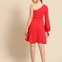 DODO & MOA Red Solid One Shoulder Crepe A-Line Dress image 4