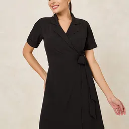 Styli Black Shirt Collar Short Sleeves Wrap Dress-picture-11
