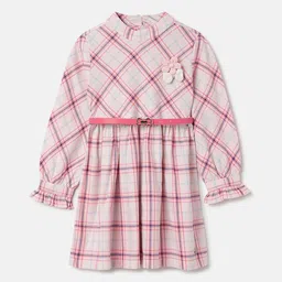 ELLE Girls Checked Mock Neck Cotton Fit & Flare Dress With Belt-picture-2