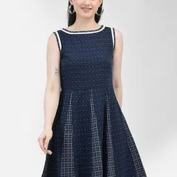 Eavan Polka Dots Printed Boat Neck Fit & Flare Dress-image-39