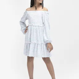 Crimsoune Club Girls Floral Printed Off-Shoulder Gathered Tiered A-Line Dress-image-97