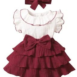 StyleCast Girls Maroon Self Design Bow & Layered Fit & Flare Dress With Hairband-picture-38