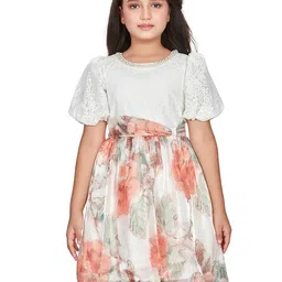 Peppermint Girls Floral Printed Puff Sleeves Satin Fit & Flare Dress-picture-29