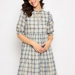 CAMLA Checked Tie-Up Neck Puff Sleeve Fit & Flare Dress-picture-40
