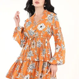 By The Bay Floral Printed Mandarin Collar Puff Sleeves Gathered Tiered Fit & Flare Dress-picture-13
