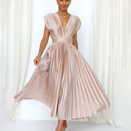 StyleCast Pink V-Neck Accordion Pleated Fit & Flare Dress-image-0
