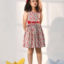 VASTRAMAY Girls Floral Printed Sleeveless Cotton Fit & Flare Dress-picture-22