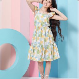 pspeaches Girls Floral Print Square Neck Flutter Sleeves Fit & Flare Dress-picture-16