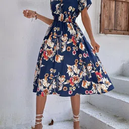 StyleCast Navy Blue Floral Printed Smocked Fit & Flare Midi Dress-picture-15