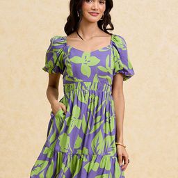 20Dresses Purple Floral Printed Sweetheart Neck Gathered Tiered Cotton Fit & Flare Dress-picture-32