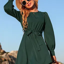 StyleCast Green Keyhole Neck Cuffed Sleeves Tie-Ups Detail Mini A-Line Dress image 1