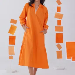 PINK CACTII Mandarin Collar A-Line Cotton Midi Dress-picture-19