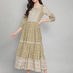 W Green Ethnic Motifs A-Line Midi Dress-image-1