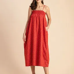 Moomaya Polka Dots Print Smocked Cotton Midi A-Line Dress image 1