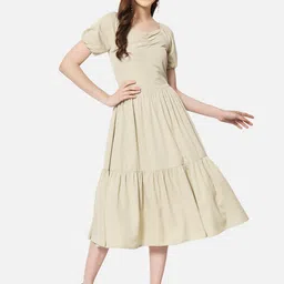 BAESD V-Neck Puff Sleeve Gathered Detail Fit and Flare Dress-image-43