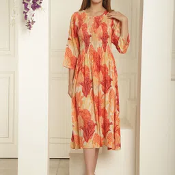 Aawari Tropical Printed Round Neck Smocked A-Line Midi Dress-image-1
