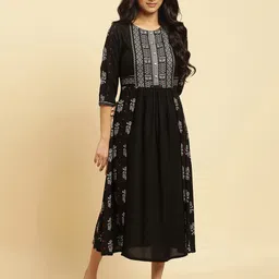 W Ethnic Motifs Printed Pleated Fit & Flare Midi Ethnic Dress image 1