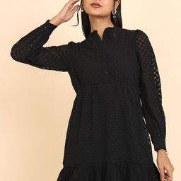 Tokyo Talkies Black Self Design Mandarin Collar A-Line Mini Dress-picture-32