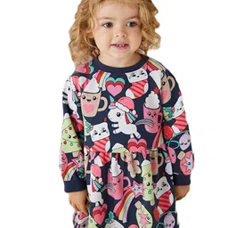 StyleCast Girls Navy Blue & White Unicorn Printed A-Line Mini Cotton Dress-image-99