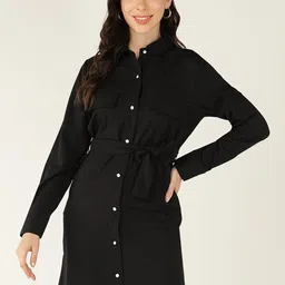 Mast & Harbour Black Shirt Collar Cuffed Sleeves Belted Shirt Dress-picture-15
