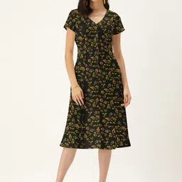 DressBerry Women Black V Neck Floral A-Line Dress-image-87