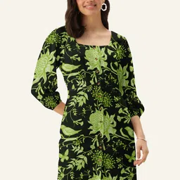 DressBerry Women Black Square Neck Tropical Sheath Dress-image-31