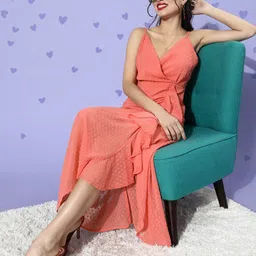 Berrylush Women Attractive Peach Self-Design Dobby Weave Dress image 1
