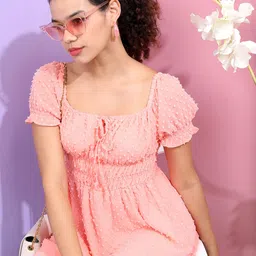 Tokyo Talkies Women Peach Self-Design  Smocked Mini Dress-image-83