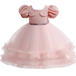 StyleCast Girls Pink Checked Puff Sleeve Layered Fit & Flare Dress-picture-16