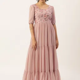 Ethnovog Pink Puff Sleeve Georgette Maxi Dress-picture-43