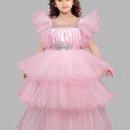 Pink Chick Flutter Sleeves Layered Net Maxi Dress-picture-10