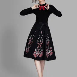 JC Collection Women Black & Red Floral Embroidered Tie-Up Neck Dress-picture-31