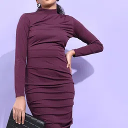 Tokyo Talkies Gathered Mock Neck Sheath Midi Dress-image-52