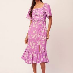 Moomaya Floral Printed Flared Sleeves Pleated Flounce Sheath Midi Dress-picture-4