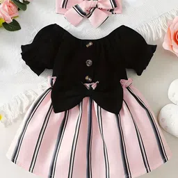 BAESD Girls Striped Puff Sleeves Bow Detail Fit & Flare Dress-picture-26