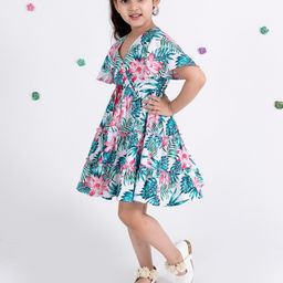 pspeaches Girls White & Blue Tropical Printed Tiered Fit & Flare Dress-picture-35