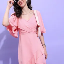 Tokyo Talkies Pink Flared Sleeves Tie-Up Detailed V-Neck A-Line Dress-image-83