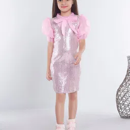 Ministitch Girls Striped Embellished Puff Sleeve Georgette Sheath Dress-picture-19