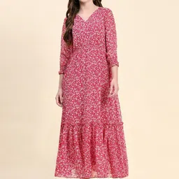 BAESD Floral Printed Gathered Detailed Puff Sleeves Tiered Fit & Flare Dress-picture-1