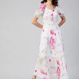 RARE Women White Floral Georgette Maxi Dress-image-76