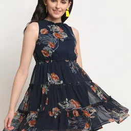 La Zoire Blue Floral Georgette Mini Dress-image-35
