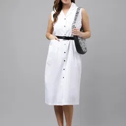 Hancock Lapel Collar Sleeveless Pure Cotton Pleated Shirt Midi Dress-image-40