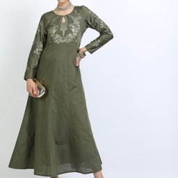 Vishudh Olive Green Floral Keyhole Neck Ethnic Maxi Dress-picture-12