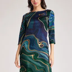 FableStreet Abstract Printed Boat Neck Satin Sheath Dress-image-0