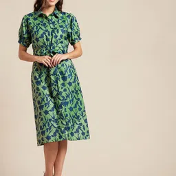 Moomaya Floral Printed Waist Tie Ups Shirt Style Midi Dress-picture-28