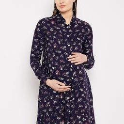 Hypernation Floral Printed Shirt Collar Cuffed Sleeves Maternity Shirt Dress-picture-37