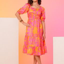 Globus Pink Floral Printed Square Neck Puff Sleeve Fit and Flare Midi Dress-picture-23