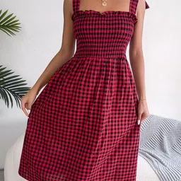 StyleCast Red Checked Shoulder Straps Cotton Fit & Flare Midi Dress-picture-10